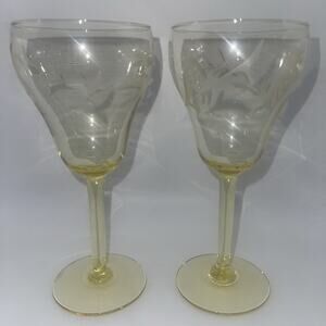 2 - Lancaster Yellow Topaz Etched Floral Water Lily Mini Wine Stems 3.25” RARE